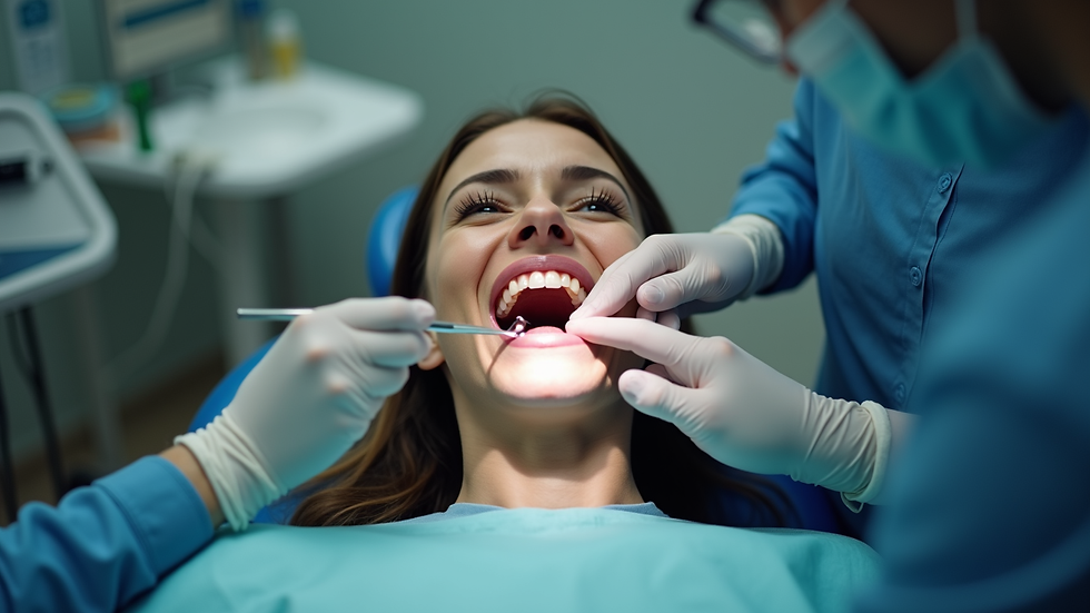 Close-up view of a dentist examining a patient's teeth