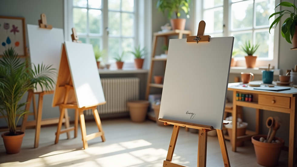 Eye-level view of a bright art studio with easels and paint supplies