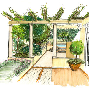 Courtyard Garden Entrance Design Sketch – Timber Pergola & Formal Planting  - Suffolk, UK Landscape Architect