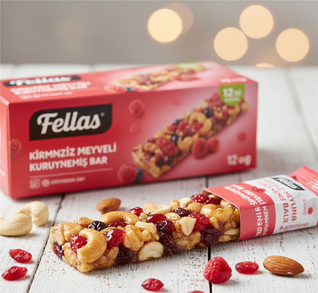 Fellas Kırmızı Meyveli Kuruyemiş Bar 30g (1x12 Adet)