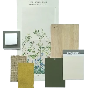 Moodboard mit Polsterstoffen und Tapetenmuster