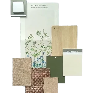 Moodboard mit Polsterstoffen und Tapetenmuster