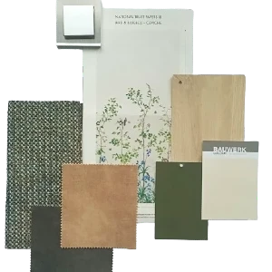 Moodboard mit Polsterstoffen und Tapetenmuster