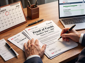 Man reviews Proof of Funds papers beside a September 2026 calendar and laptop showing a Canada government portal, focused. Canada Study Permit Proof of funds starting September 1st 2026. International Students. Study in Canada. Immigration. RCIC's