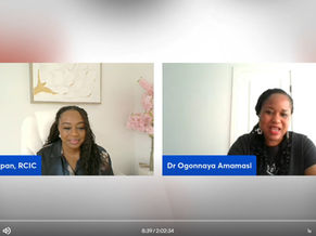 Two women in a video call. Left: woman with long hair, smiling. Right: woman speaking. Backgrounds: floral decor and plain wall. Labels show names. Doctors in Canada, Physicians Pathway, Nigeria Doctors, Immigration Pathway for Doctors