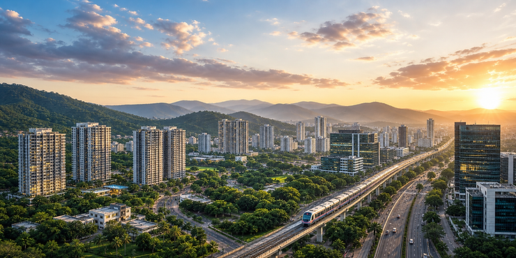 Sunset over a city skyline with high-rises, green hills, and a train gliding on an elevated rail line.