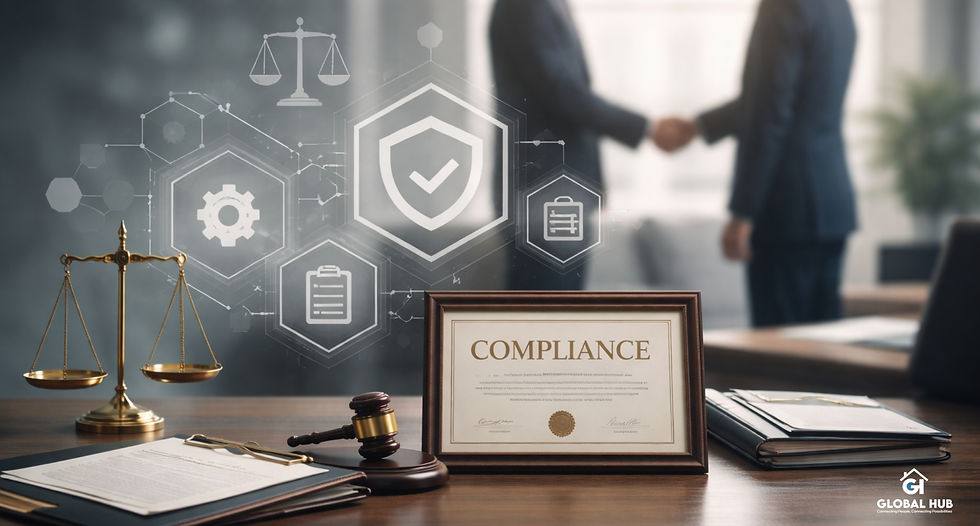 A scale, gavel, and compliance certificate on a table with two figures shaking hands in the background. Digital icons and muted colors.