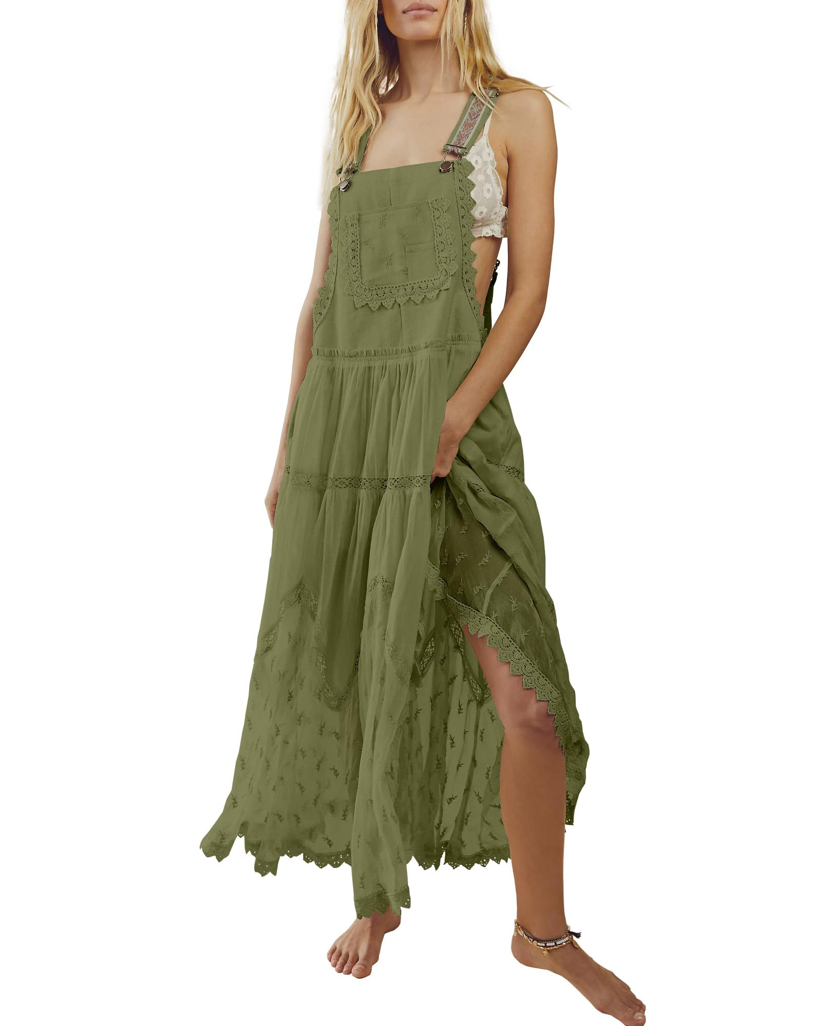 Gacaky Summer Dress for Women Casual Floral Embroidered Bohemian Dress Adjustabl