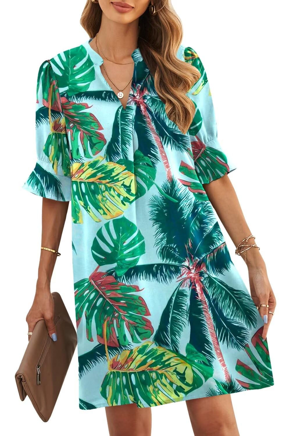 JOCAFIYE Womens Casual Dresses Short Sleeve V-Neck Dress Summer Ruffled Sleeve S