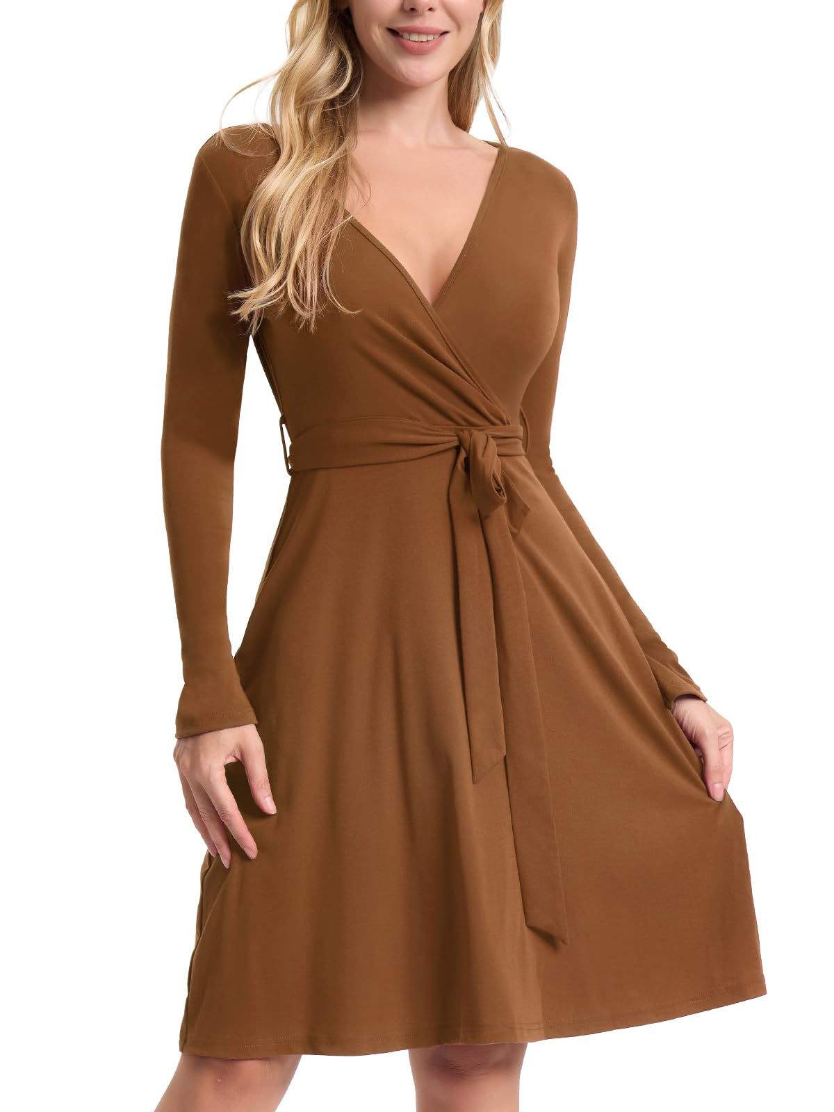 CosySun Womens Fall Long Sleeve Dress: Wrap V Neck Midi Dresses - Casual Party R