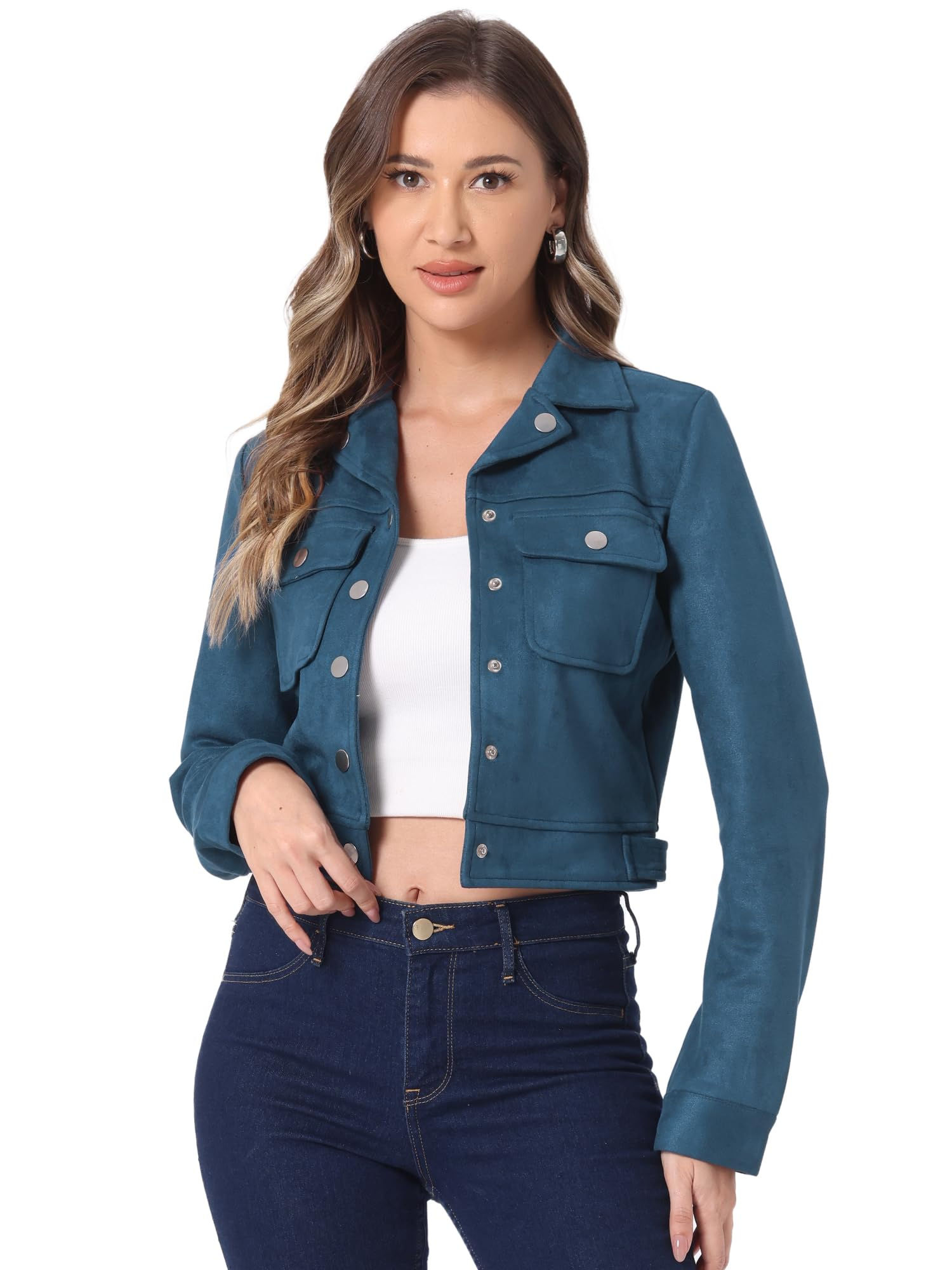 Allegra K Womens Casual Faux Suede Notched Collar Button Up Cropped Jacket with