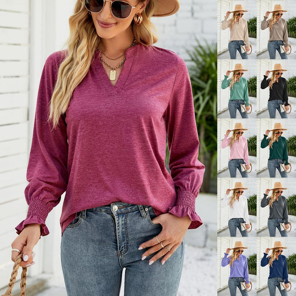 Casual V-neck Loose T-shirt with Lotus Leaf Sleeves