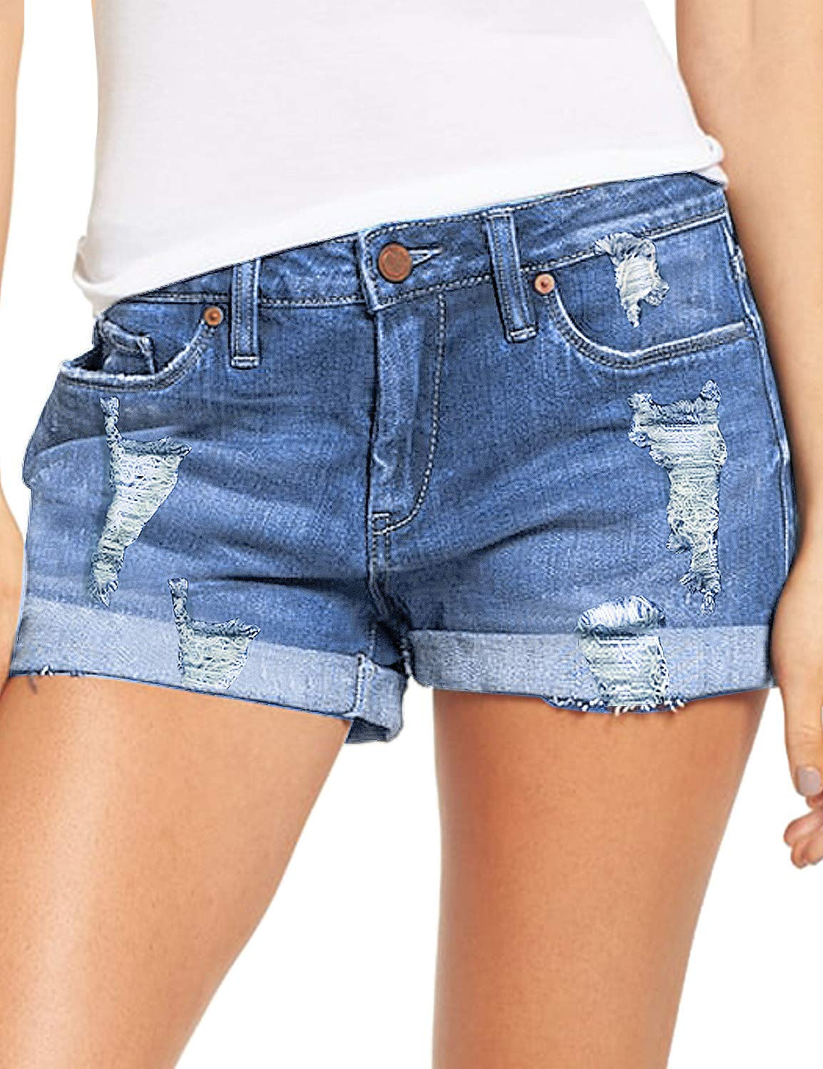 luvamia Womens Ripped Denim Jean Shorts High Waisted Stretchy Folded Hem Short J