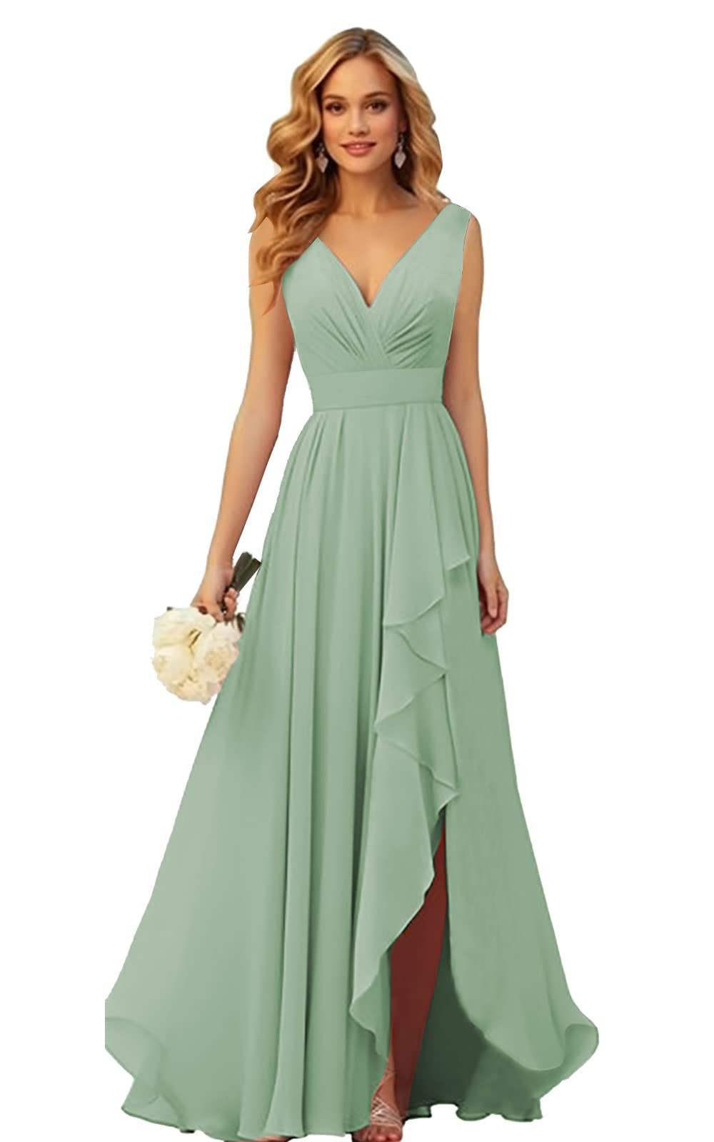 OFEYCHUN Chiffon Sage Green Bridesmaid Dresses for Wedding High Low Ruffle Long