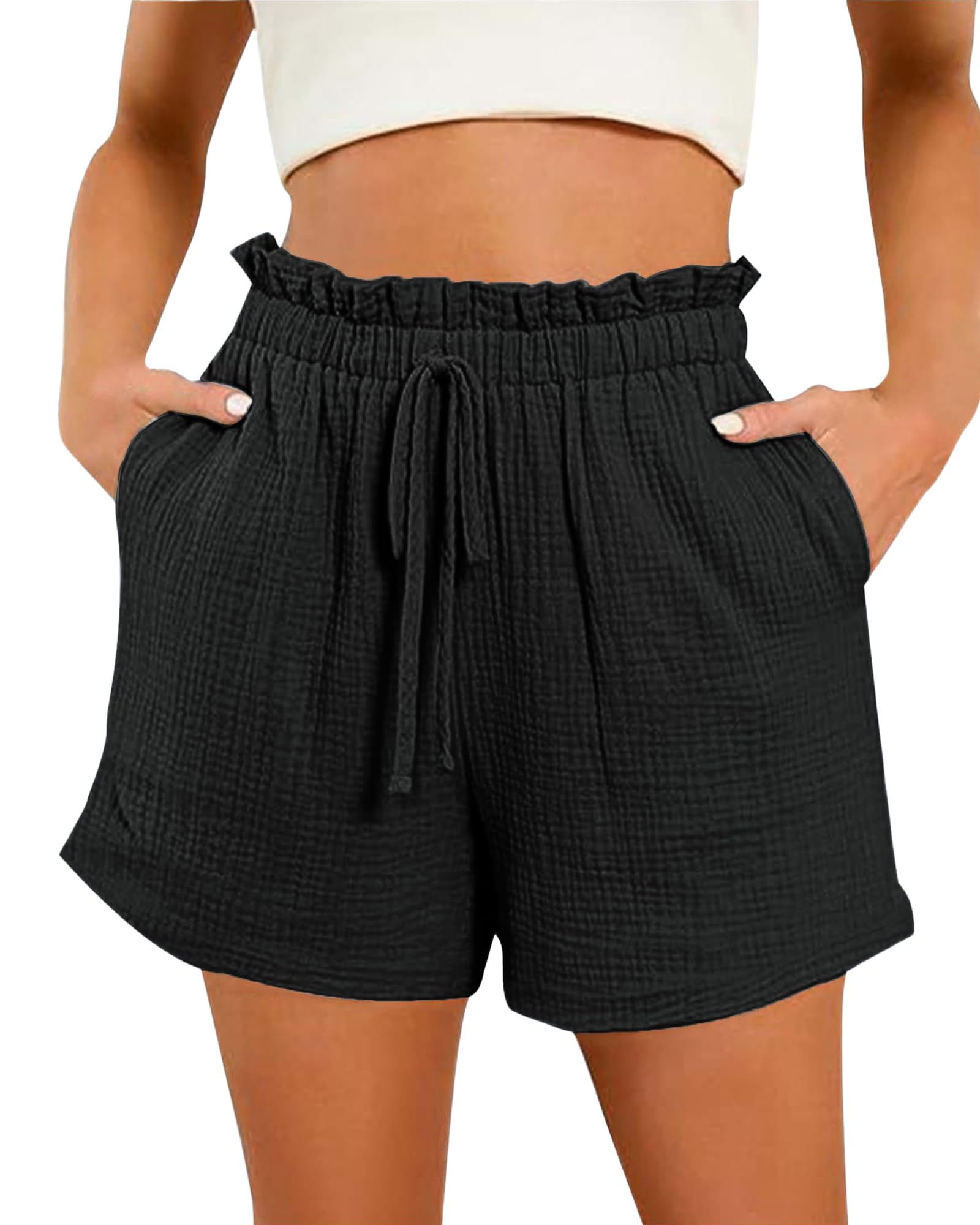 Bsubseach Shorts for Women Cotton Wide Leg Shorts Drawstring High Waisted Shorts