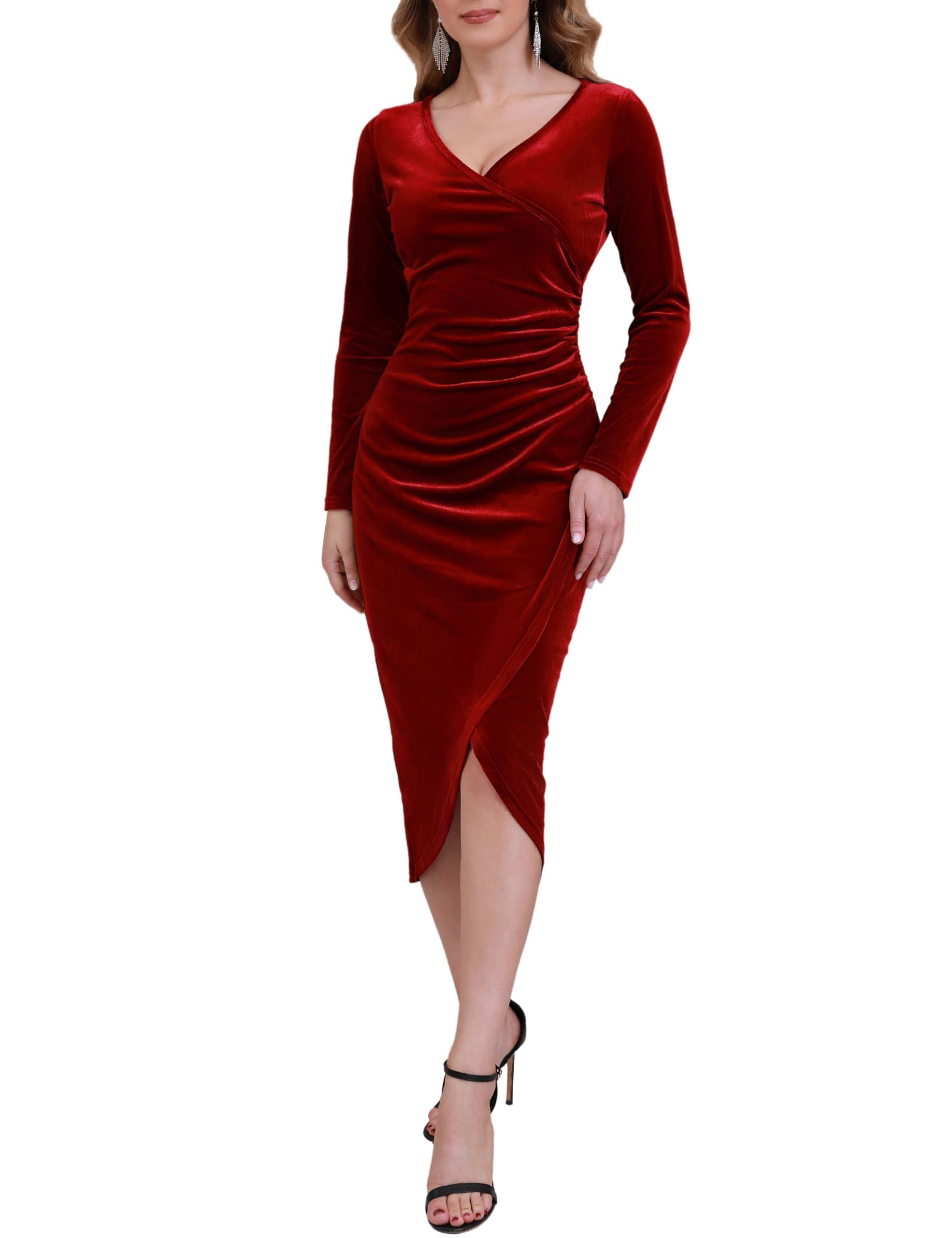 Melynnco Wedding Guest Dresses for Women Long Sleeve Velvet Wrap Wine Red Fall E