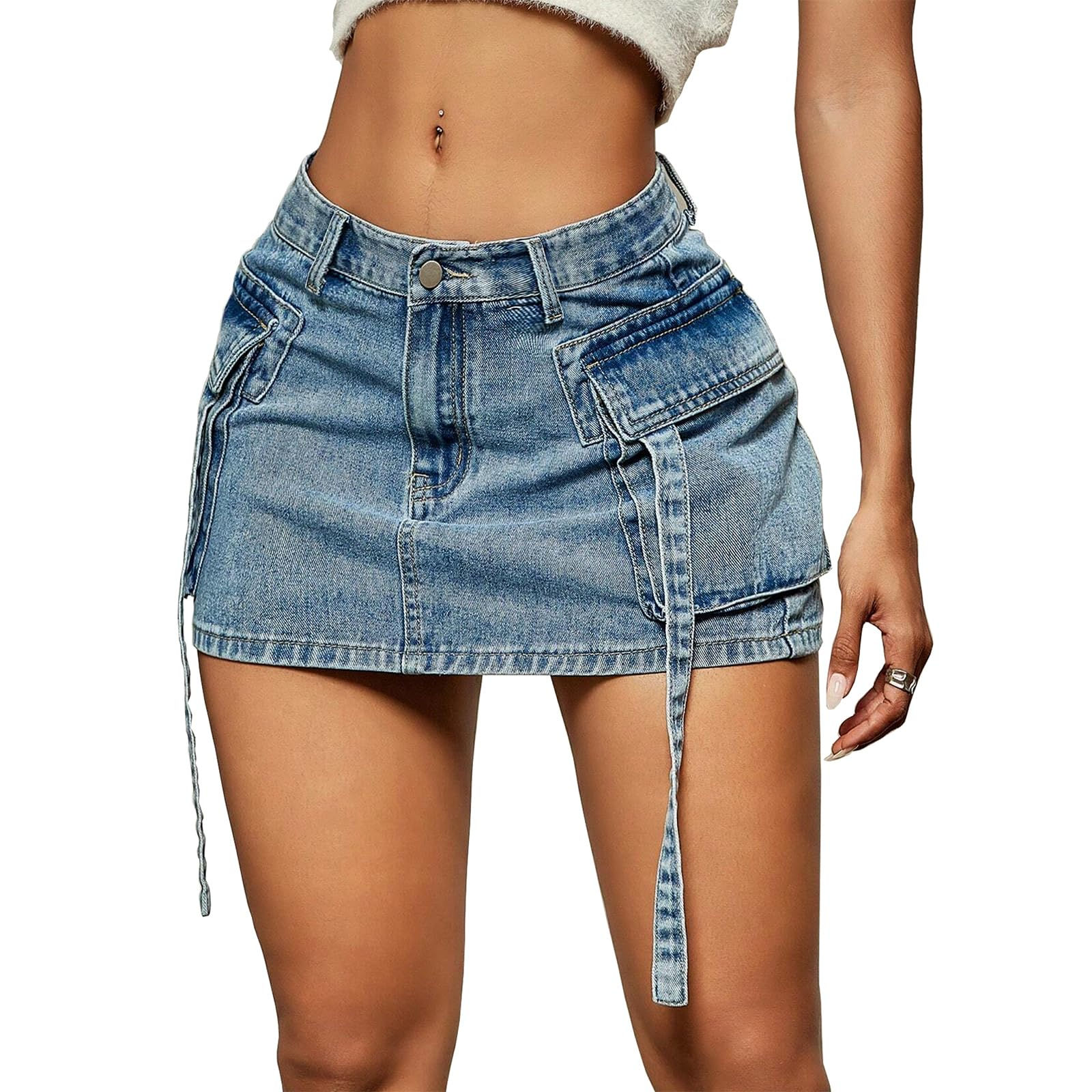 Denim Skirt y2k Button Mini Skirt Jean Skirt Cargo Skirts for Women with Pocket
