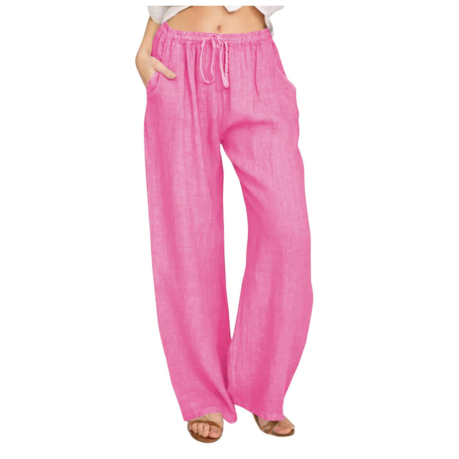 Borniu Womens Cotton Linen Pants Summer High Waisted Palazzo Pants Wide Leg Draw