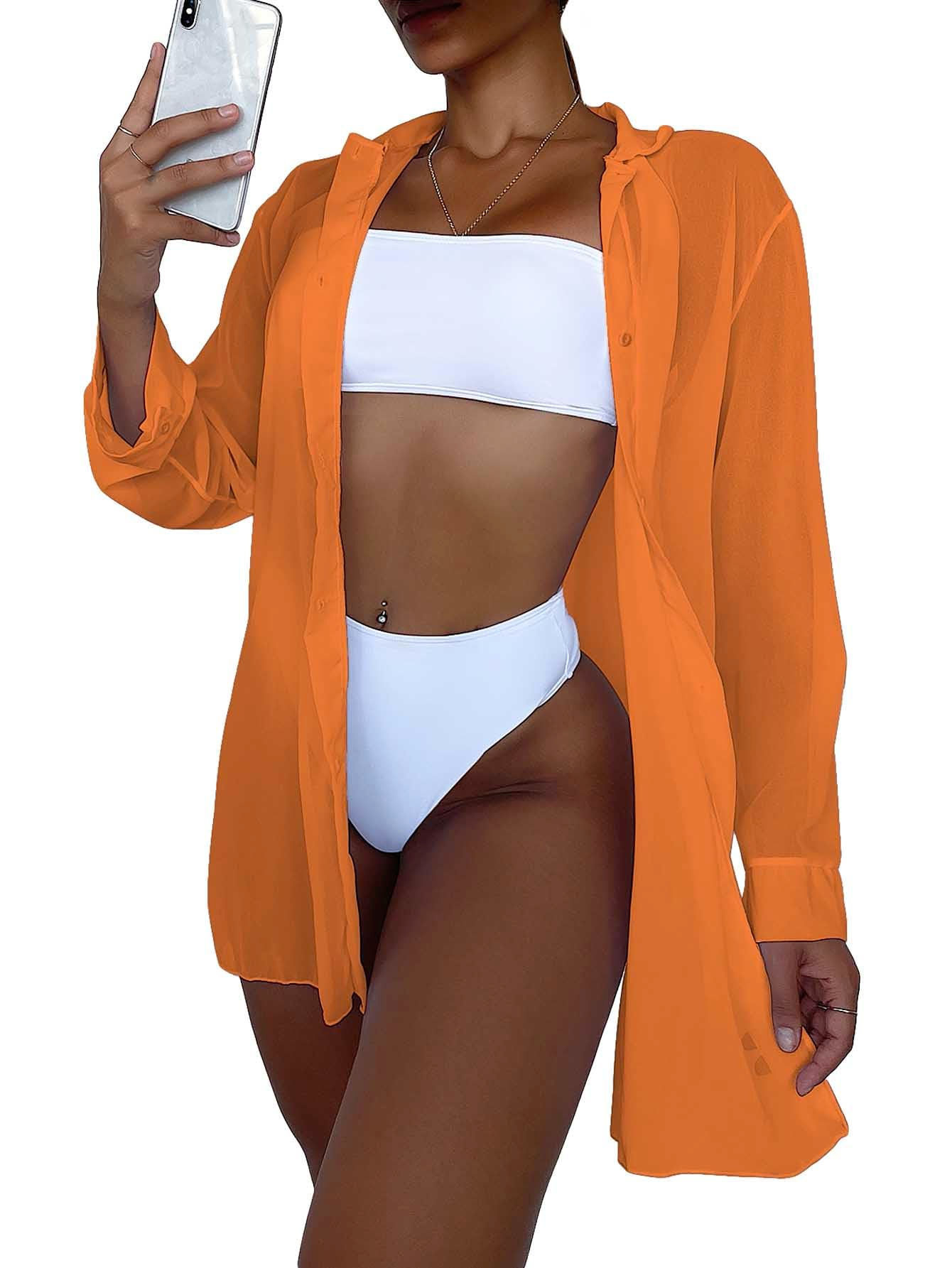 GORGLITTER Womens Button Down Cover Up Blouse Sheer Long Sleeve Swimsuit Kimono