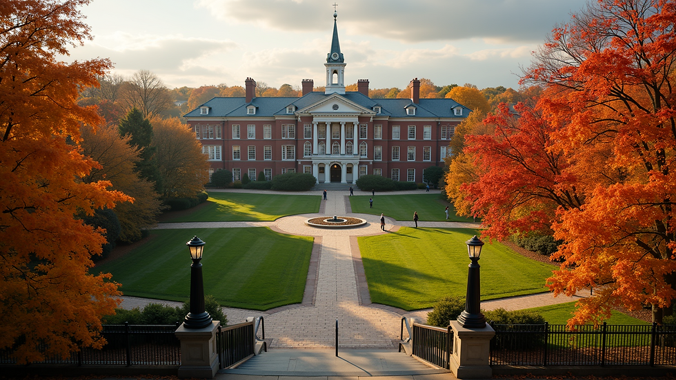 High angle view of a university campus with vivid autumn foliage