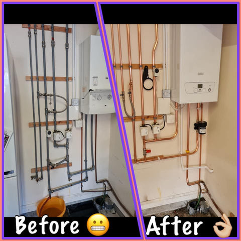 a before and after of a gas boiler installation