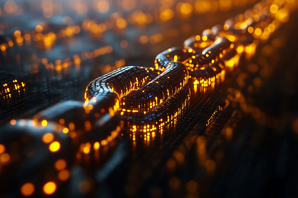 Glowing digital chain links with orange lights on a dark, blurred tech background, conveying a futuristic and interconnected mood.