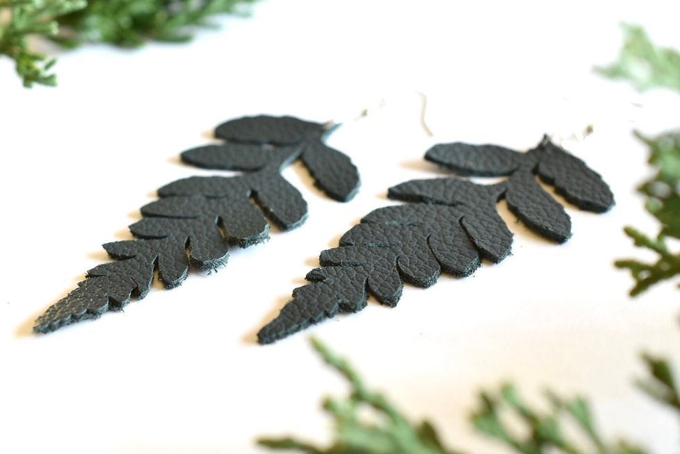 Thumbnail: Dark Green Fern Leather Leaf Earrings