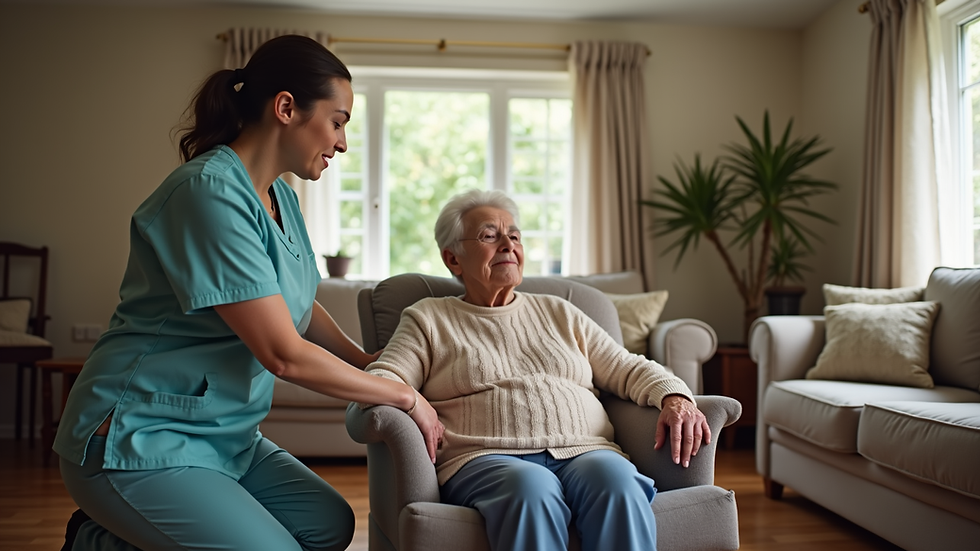 Eye-level view of a caregiver assisting an elderly person in a cozy living room