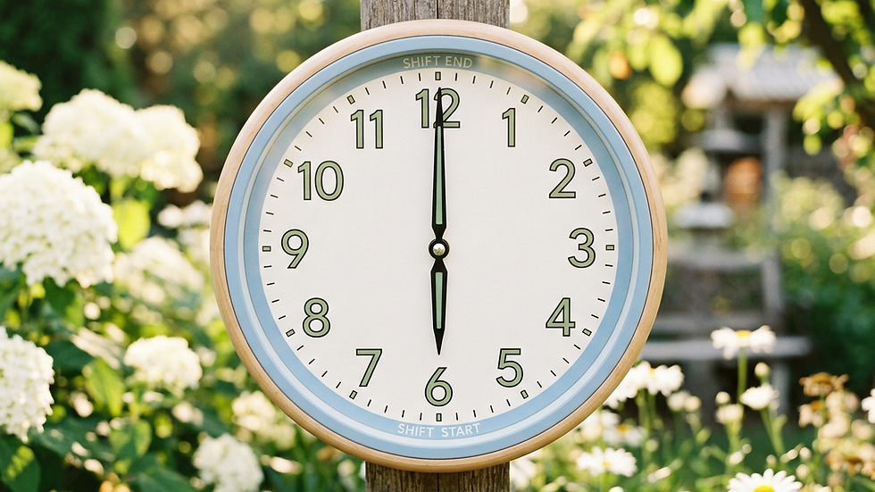 Close-up view of a clock showing 12 hours shift for caregiver work