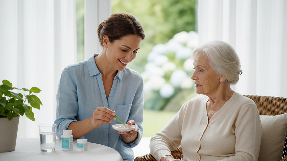 Close-up view of a caregiver preparing medication for an elderly patient