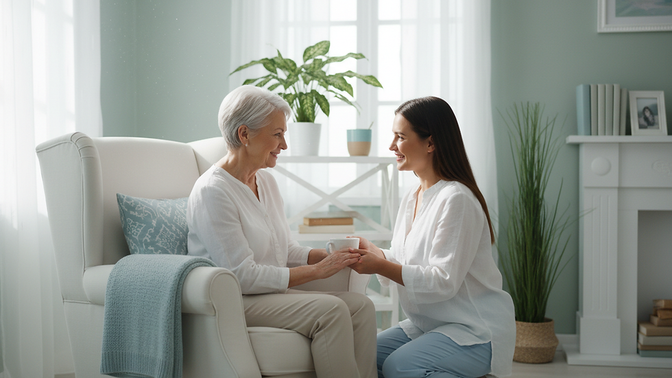 Eye-level view of a caregiver assisting an elderly person in a cozy living room