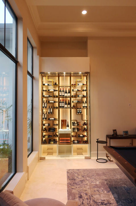 spider shape wine rack, gold metal, embedded RGB LEDs, wine tasting counter, acrylic glass-holder, integrated humidor, wooden bottom cabinet, glass shelves, wine wall, wine room, wine cellar, glass shelves, exclusive wine racks