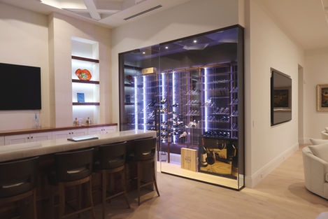 modular metal wine racks, cable system racks, LED lighting, position for storing laying down, neck out and tilted, transitional look, texturized rust finish, made in USA, florida, delray beach, palm beach county, wine room, wine cellar, wine wall
