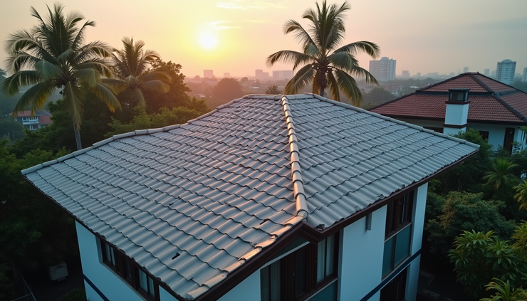 High angle view of a newly installed JSW roofing sheet roof on a residential building in Kochi