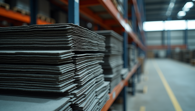 Eye-level view of JSW roofing sheets stacked neatly in a warehouse in Kochi