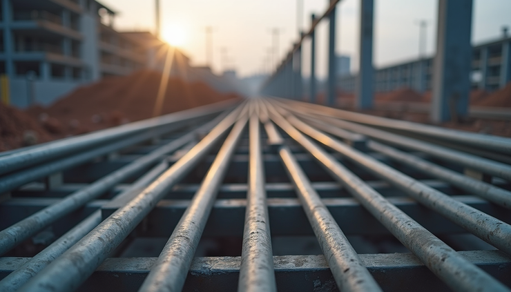 Eye-level view of construction site with steel reinforcement bars arranged for concrete work