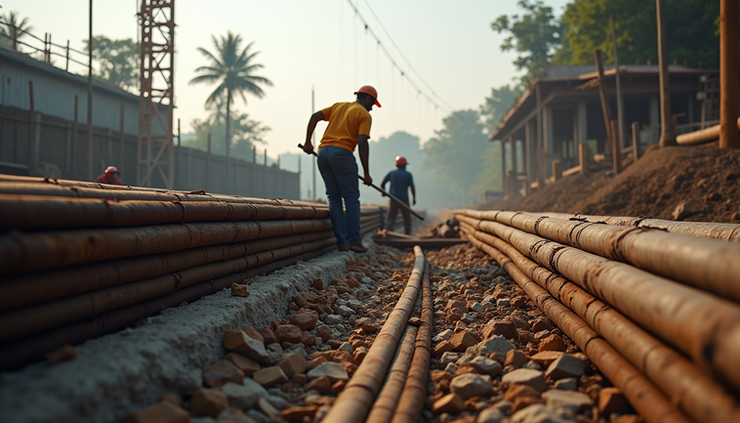 Eye-level view of TMT bars being loaded at a Kerala construction site