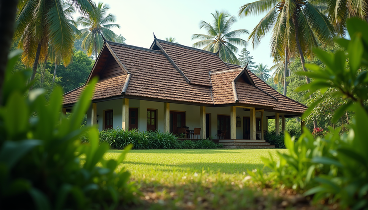 Eye-level view of a traditional Kerala house with sloping tiled roof surrounded by lush greenery