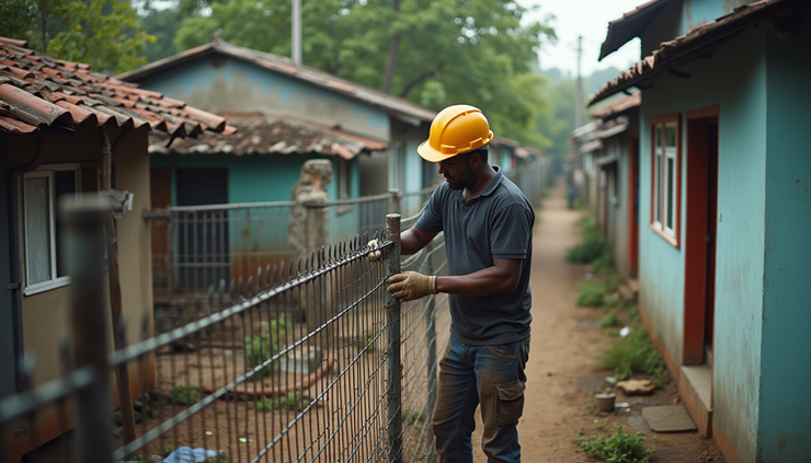 High angle view of a worker installing a metal fence in a Kerala residential area