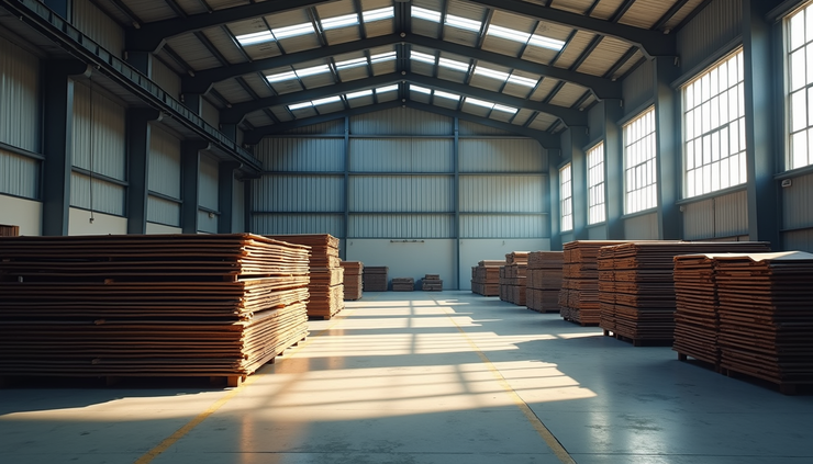 Eye-level view of roofing sheets stacked neatly in a Kalakkaserry warehouse