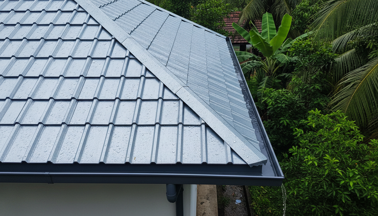 Top-down view of a clean insulated roof with gutters after rain in a Kerala residential setting