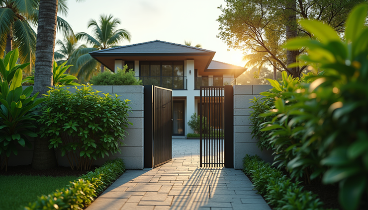 Eye-level view of a modern metal fence surrounding a Kerala home