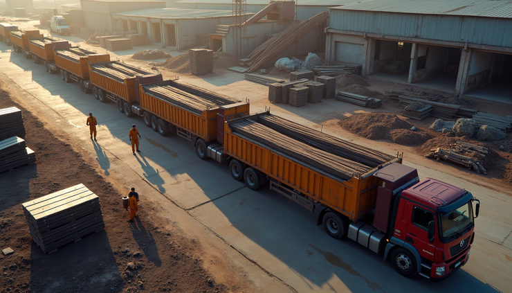 High angle view of delivery trucks loading TMT bars at Kalakkaserry depot in Kochi