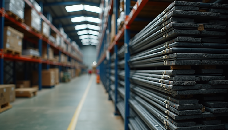 Eye-level view of stacked TMT bars at a Kalakkaserry warehouse in Kochi