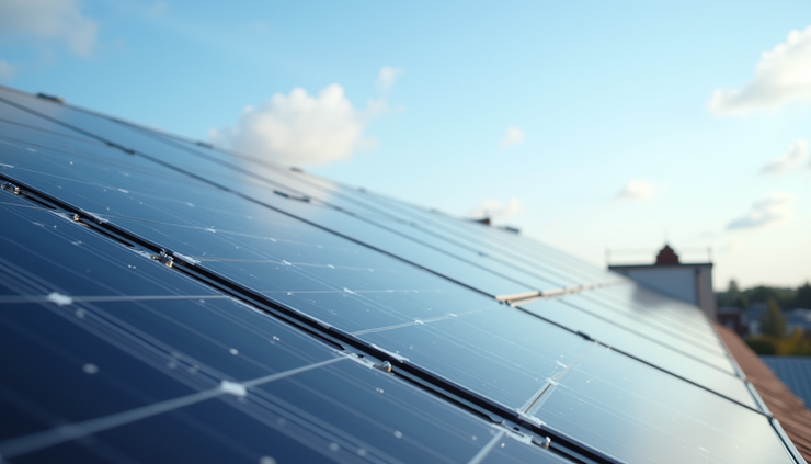 Close-up view of solar panels installed on a sloping roof in Kerala with clear sky background
