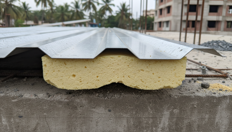Close-up view of a GI PUF roofing sheet edge showing the metal skin and foam core