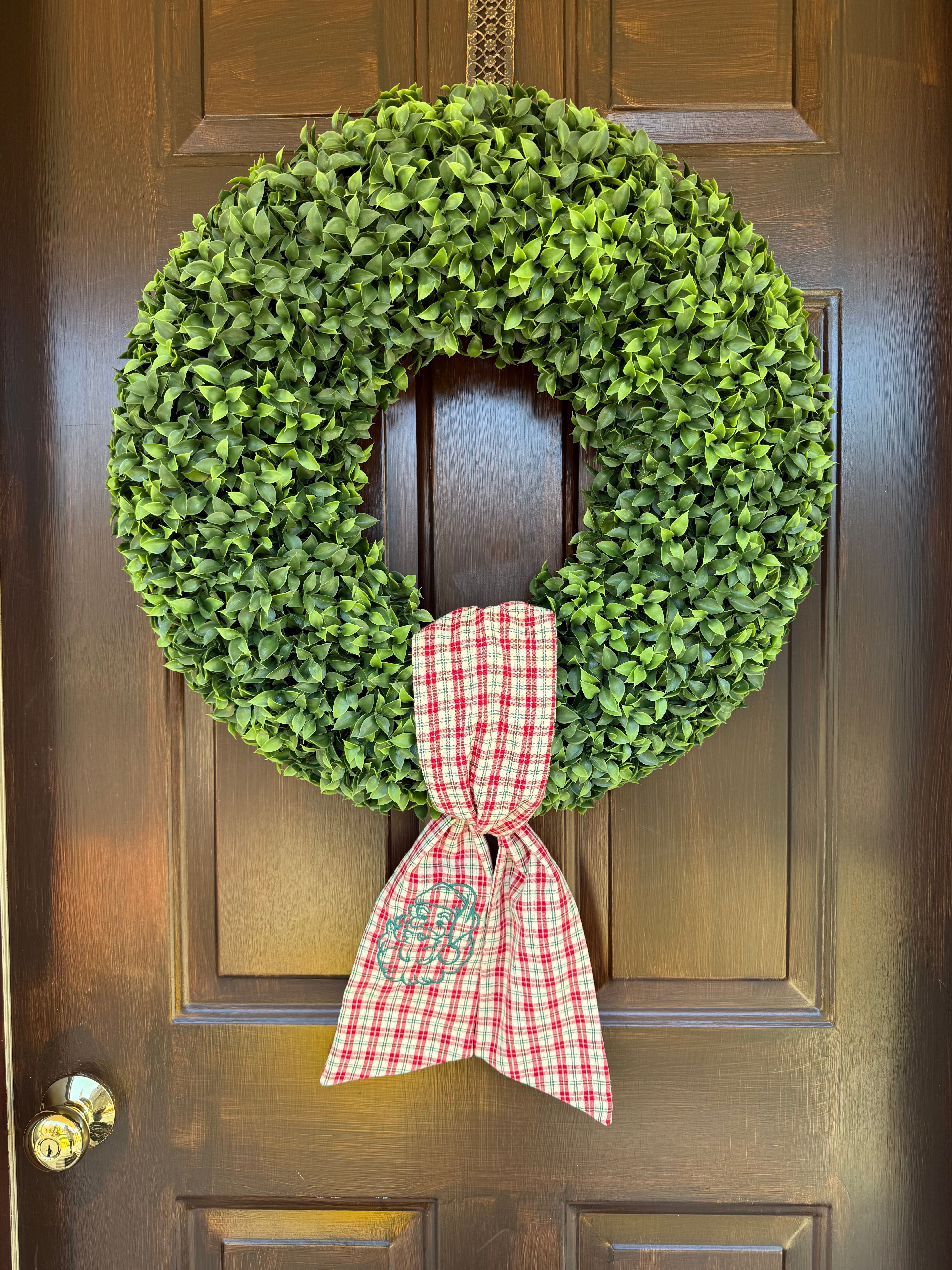 Holiday Plaid Wreath Sash with Embroidered Santa