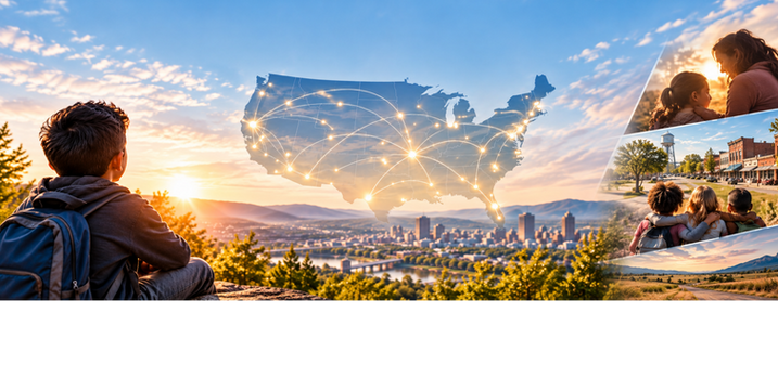 About Us header image featuring USA map linked by light hovering in sky over a cityscape, with child in the foreground.