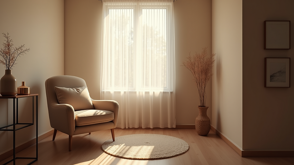 Eye-level view of a cozy therapy room with a comfortable chair and soft lighting