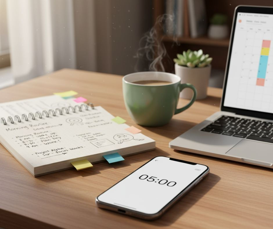 Close-up of a smartphone timer, coffee cup, and notepad on a clean workspace symbolizing ADHD time management and realistic routines.